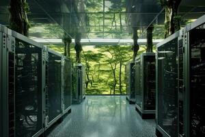 AI generated Server room data center with green trees. 3d render concept, Bright server room with trees and grass growing out of servers, AI Generated photo