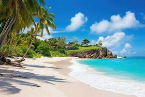 ai generado hermosa playa anse lazio a seychelles - naturaleza fondo, fondo bahía, barbados - paraíso playa en el caribe isla de barbados, ai generado foto