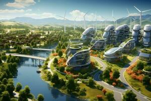 AI generated 3D rendering of a fantasy city with a pond and a ferris wheel, Capture an aerial view of a sustainable city incorporating solar panels, wind turbines, and green roofs, AI Generated photo