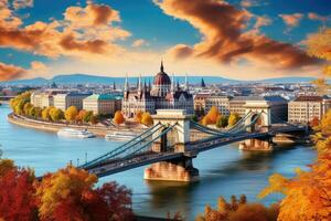 AI generated Panoramic view of Budapest, Hungary on a beautiful autumn day, Budapest with Chain Bridge and Parliament, Hungary, AI Generated photo