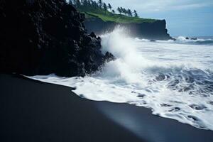 AI generated Volcanic black sand beach with waves crashing on the cliffs, Silhouettes of tourists enjoying the black sand beach and ocean waves, AI Generated photo