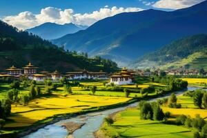 ai generado montaña paisaje con arroz campo y monasterio en Dharamsala, India, Bután, tashichho dzong en Timbu, rodeado por amarillo arroz campos, un río, y montañas, ai generado foto