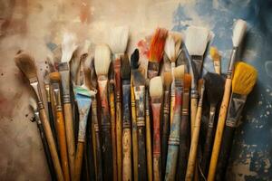 AI generated Paint brushes on grunge background. Paint brushes on grunge background, Capture an artist's corner with assorted dirty painting brushes, AI Generated photo
