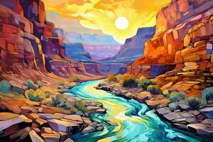 AI generated Landscape of Grand Canyon National Park, Arizona, USA. Digital painting, Canyon with a river between the rocks at dawn time, presented in a post-impressionism style picture, AI Generated photo