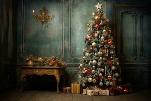 AI generated Decorated Christmas tree in a classic interior. New Year concept, Christmas tree with decorations, AI Generated photo