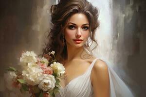 ai generado retrato de un hermosa novia en un blanco Boda vestir con un ramo de flores de flores, novia con un ramo, de cerca, ai generado foto