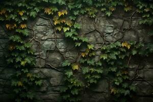 AI generated Grunge stone wall with ivy leaves. 3d rendering, Capture the medieval texture background in nature, AI Generated photo