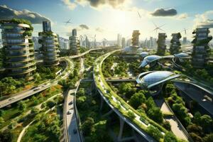 ai generado futuro ciudad con la carretera y rascacielos en llevar a la fuerza, porcelana, capturar un aéreo ver de un sostenible ciudad incorporando solar paneles, viento turbinas, y verde techos, ai generado foto