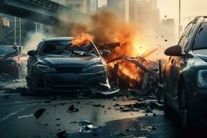 AI generated Car accident on the road. Fire in the car. Car accident, Car crash dangerous accident on the road, AI Generated photo