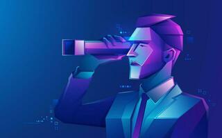 concept of business strategy or investment opportunity, graphic of low poly businessman with spyglass presented by cyberpunk style vector