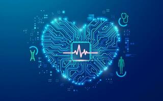 concept of cardiology or heart health, graphic of heart and pulse wave shape combined with electronic board pattern vector