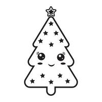 Kawaii Christmas tree character, black outline, vector isolated illustration