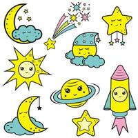 A set of kawaii space vectors - comet, planet, moon, sun, rocket, star, cloud. Vector illustration in cartoon style