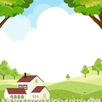 cielo azul con nube fondo primavera paisaje con verde césped campo y árbol en montaña,panorama naturaleza verano rural con Copiar espacio, lindo dibujos animados vector ilustración fondo bandera para Pascua de Resurrección