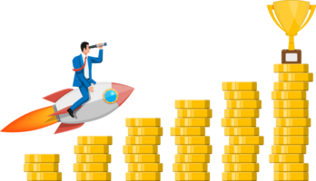 Successful business man flying on rocket on graph png