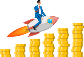 Successful business man flying on rocket on graph png