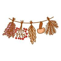Bunches of herbs dried on rope with mushroom. Vector doodle
