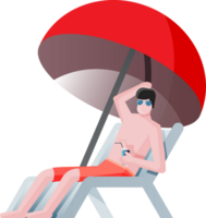 Male sitting in sunbed under umbrella. png