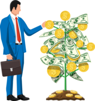 Businessman harvests from money coin tree. png