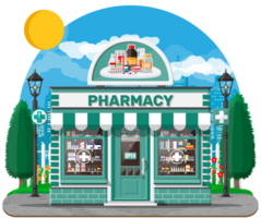 Facade pharmacy or drugstore with signboard png