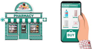 Hand holding phone with internet pharmacy app png