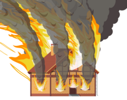 Wooden house burns. Fire in cottage. png