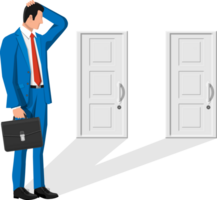 Businessman standing in front of two closed doors. png