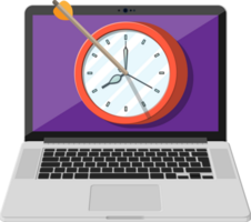 Target with bow arrow and clock on laptop screen. png