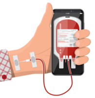 Hand connected to smart phone with blood bag png