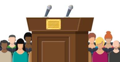 Brown wooden rostrum with microphones png