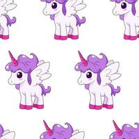 Seamless pattern with cute magic unicorn with wings. Repeated tile with cartoon characters on white backdrop. Childish vector design for fabric, print, wrapper, textile, print for kids.