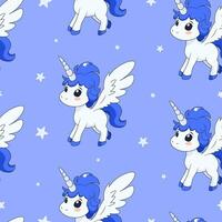 sin costura modelo con linda magia unicornio con alas, cuerno y estrellas. repetido loseta con dibujos animados caracteres en azul fondo. infantil vector diseño para tela, imprimir, envoltura, textil, impresión para niños.