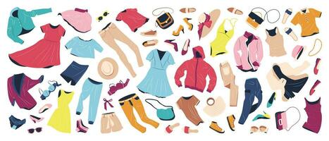 Set of fashion clothes for women. Casual garments and accessories for spring and summer. Jacket, bags, shoes, trousers, dress, hats flying. Flat vector illustrations isolated on white background.