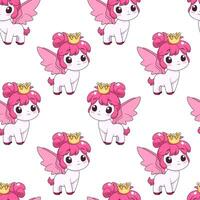 Seamless pattern with cute magic pony. Repeated tile with cartoon characters with wings and crown on white backdrop. Childish vector design for fabric, print, wrapper, textile, print for kids.