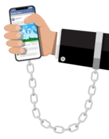 Mans hand chained and shackled to smart phone. png