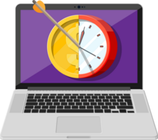 Target with arrow, gold coin and clocks on laptop png