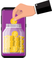 Glass jar full of money on smartphone png