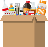 Different pills and bottles in cardboard box png