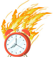 Red alarm clock in fire. Burning clock. png