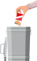 Hand putting cigarettes package in trash bin png