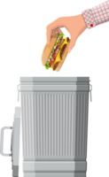 Hand throwing away burger to trash bin png