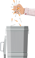 Hand putting cigarettes in trash bin png