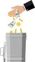 Businessman hand putting dollar bills in trash png