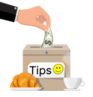 Tip box full of cash, cup of coffee with croissant png