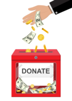 Donation box with golden coins, dollar banknotes png