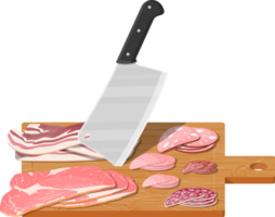 Cutting board, butcher cleaver and piace of meat. png