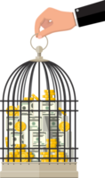 oiseau cage plein de or pièces de monnaie et billets de banque. png