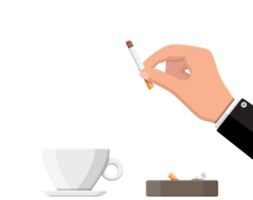 Coffee cup and ashtray full of smokes cigarettes. png