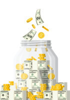 Glass money jar full of gold coins and banknotes. png