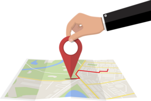 Location pin in hand and paper map. png